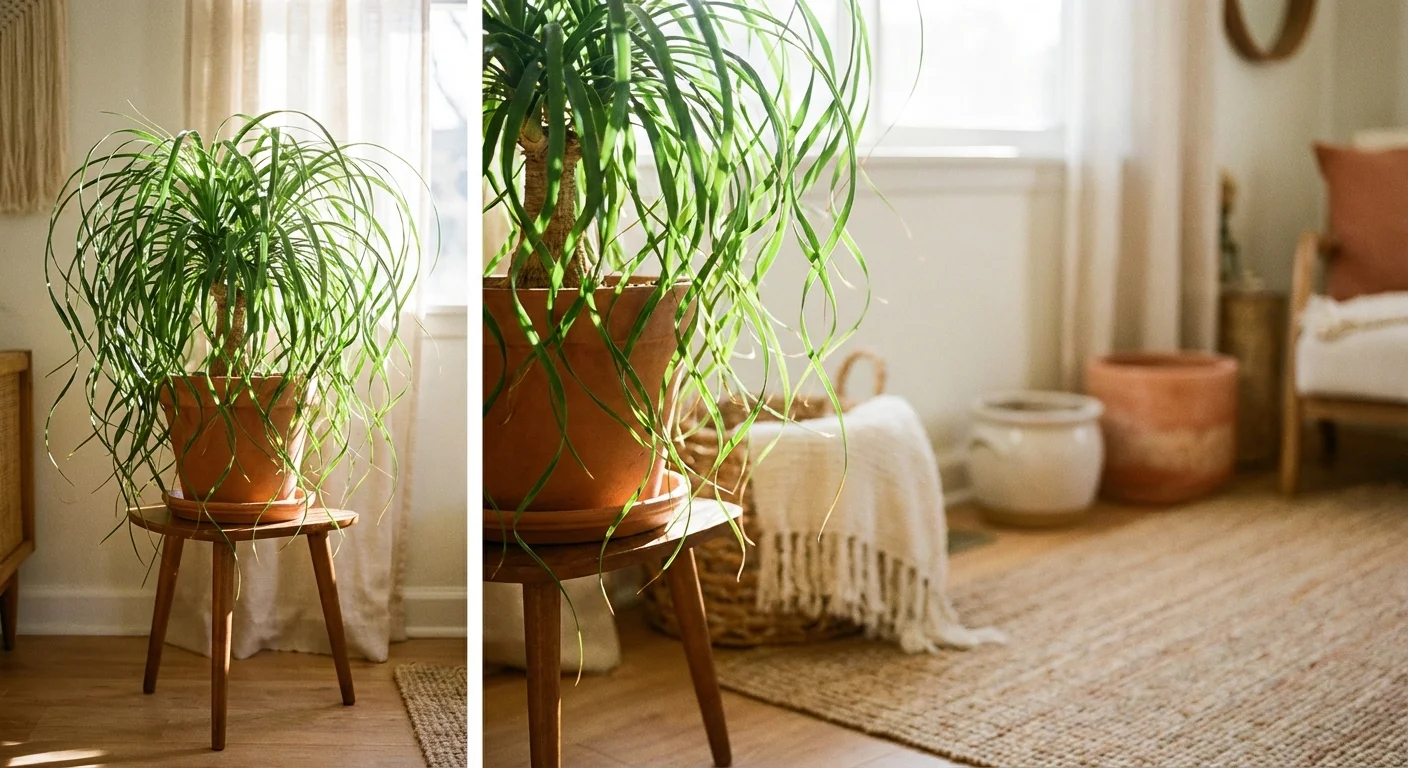 A Ponytail Palm with curly leaves sitting in direct sunlight.