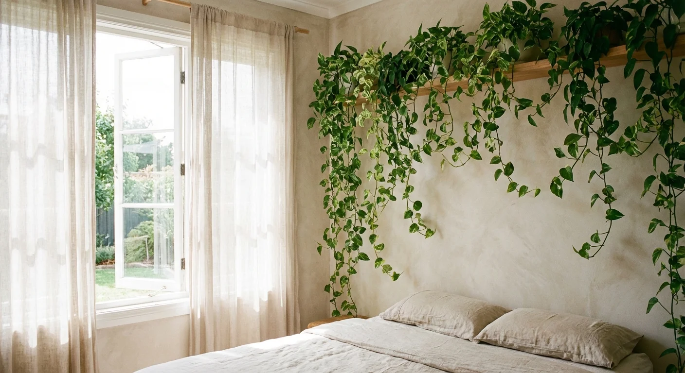 A Pothos plant trailing down from a bedroom shelf.