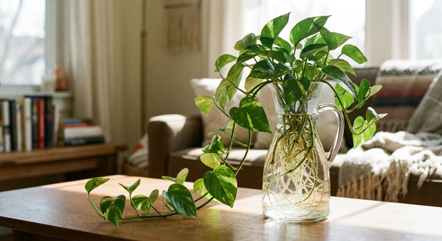 A Pothos plant with green heart-shaped leaves growing in a glass water carafe.