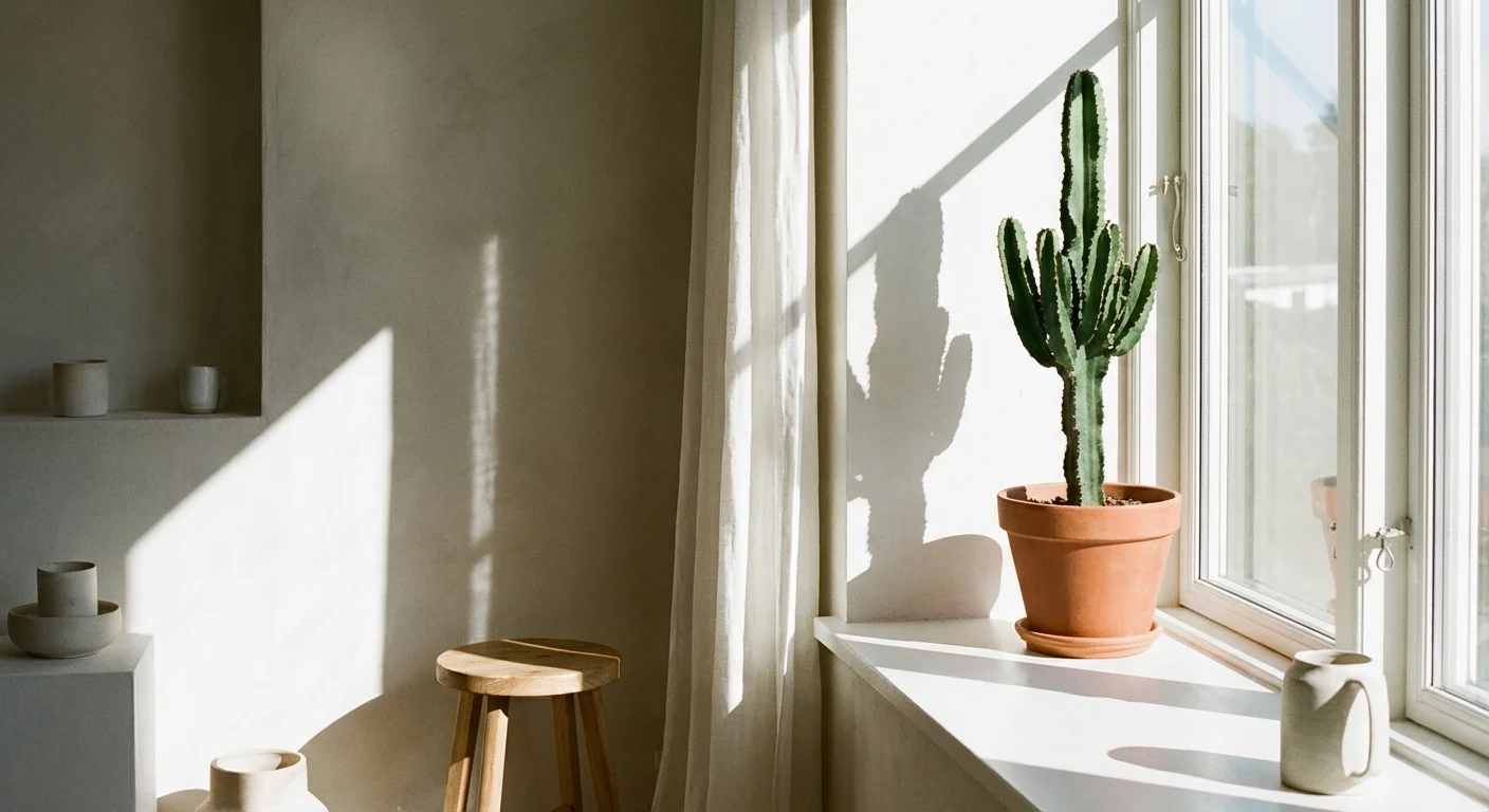 A potted cactus placed in a bright, sunny window.