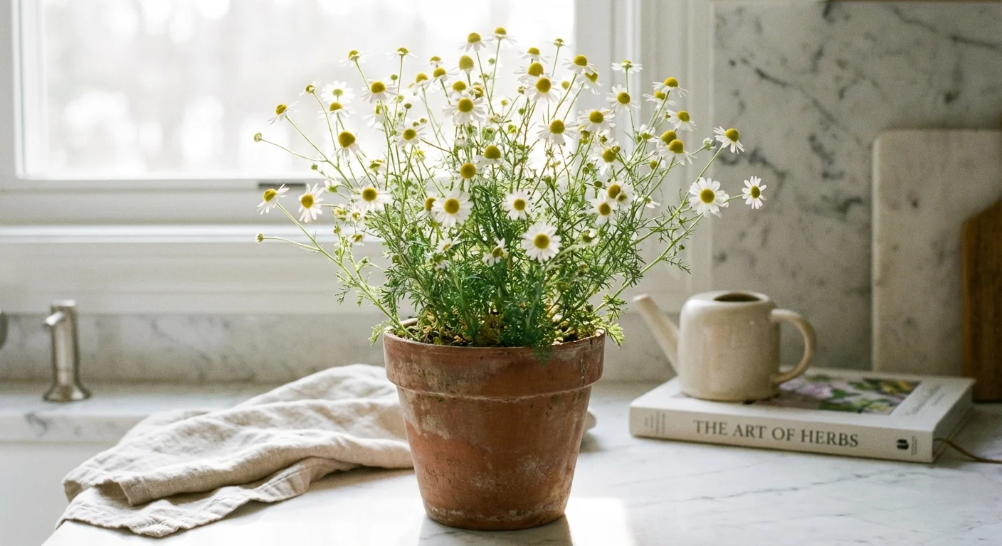 A potted chamomile plant with white and yellow flowers on a marble countertop.