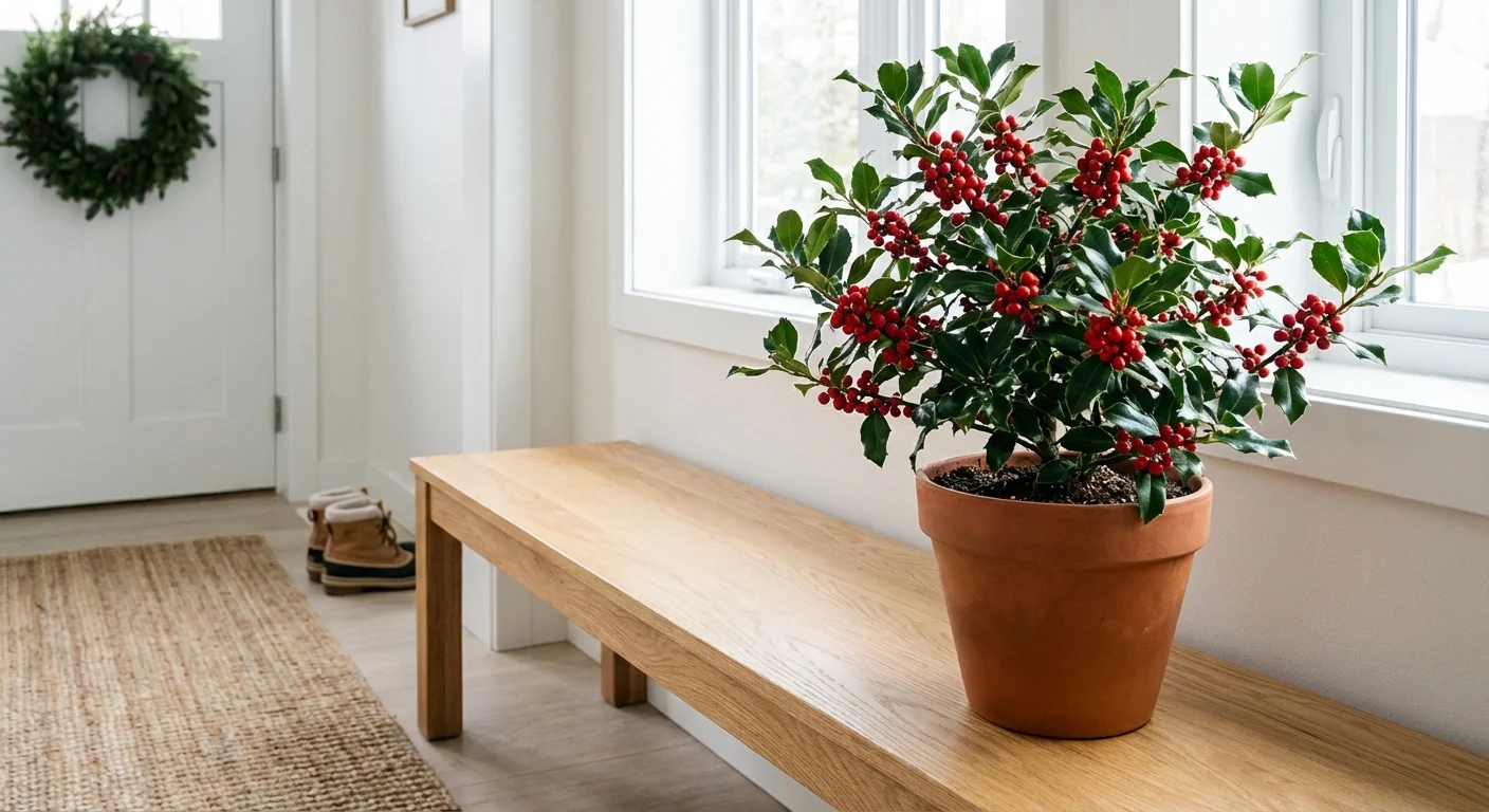 A potted Holly plant with glossy green leaves and red berries in a bright home entryway.