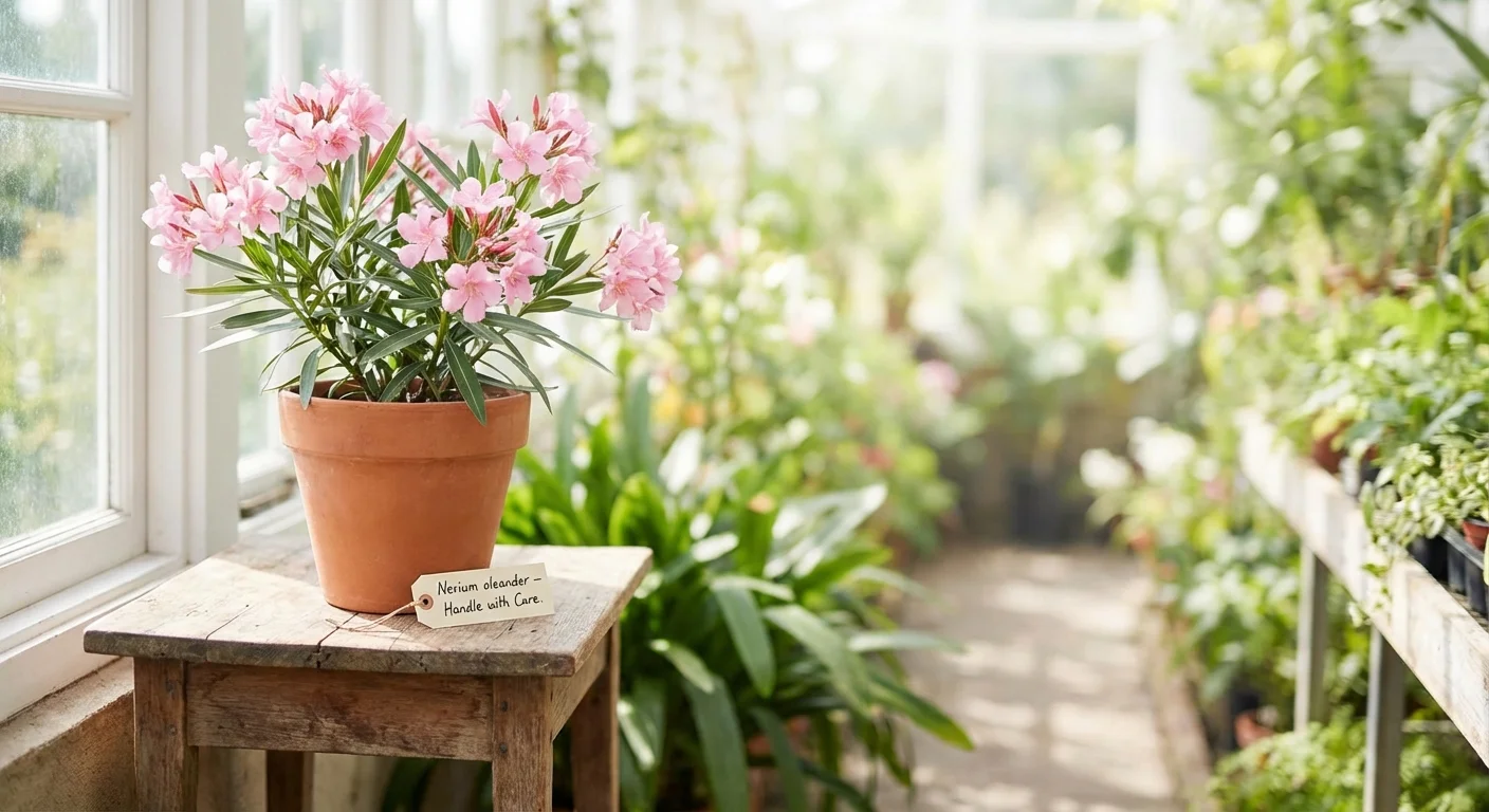 A potted Oleander plant with pink flowers sitting on a wooden table in a bright room.