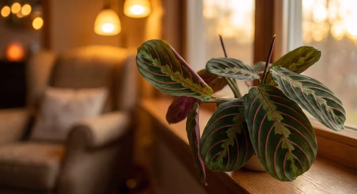 A Prayer Plant with beautifully patterned leaves showing red veins.