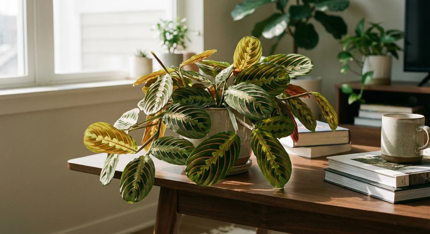 A Prayer Plant with patterned leaves on a dark wooden table in a well-lit room.