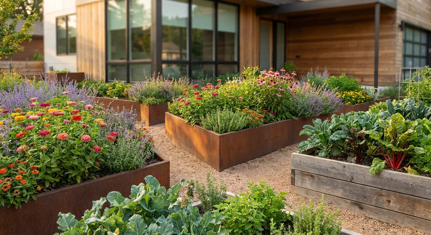 A productive front yard garden with stylish geometric raised beds filled with food and flowers.