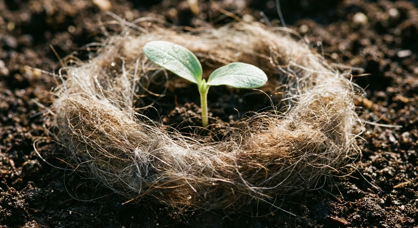 A protective ring of natural fibers placed around the base of a small green seedling.