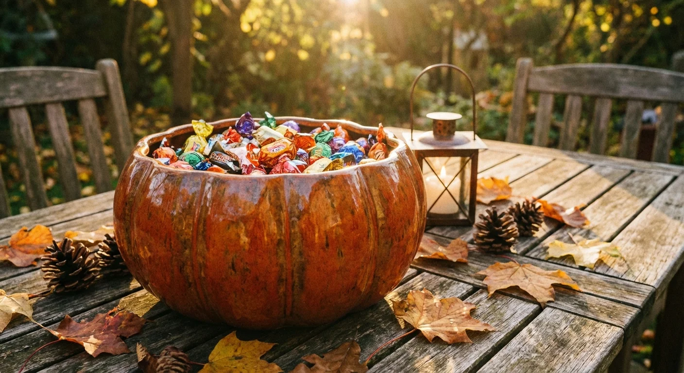 A pumpkin-shaped bowl full of candy on an outdoor table.
