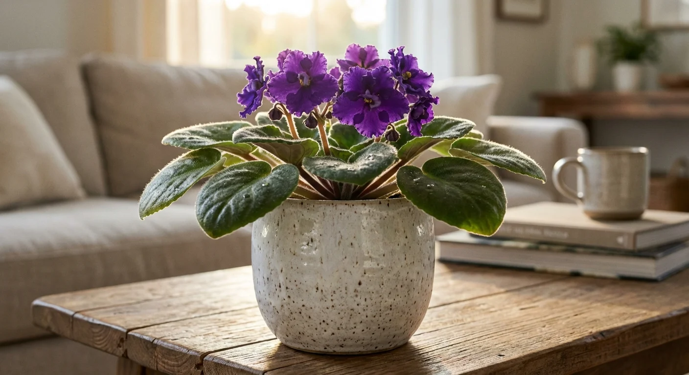 A purple African Violet in a white pot on a coffee table with soft sunlight.