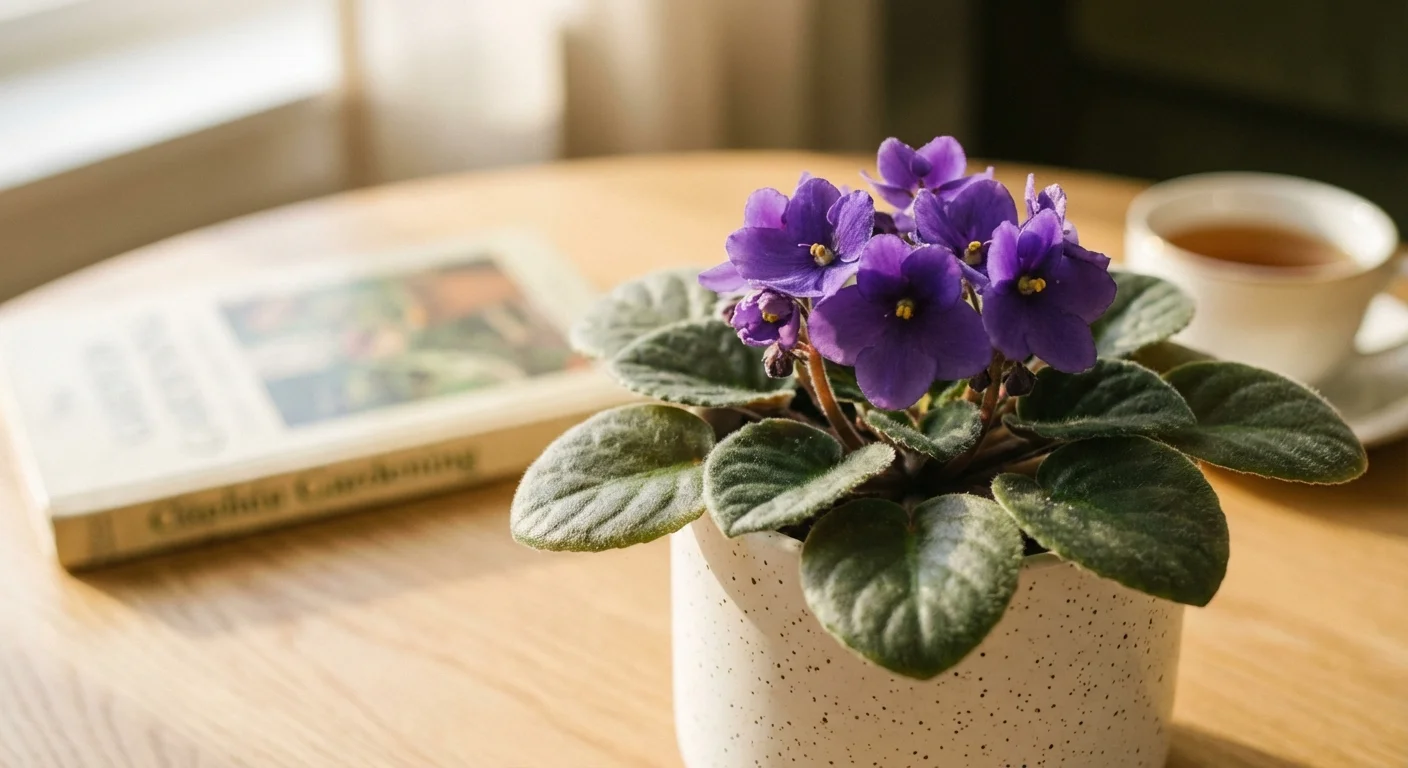 A purple African Violet plant blooming in a white ceramic pot.