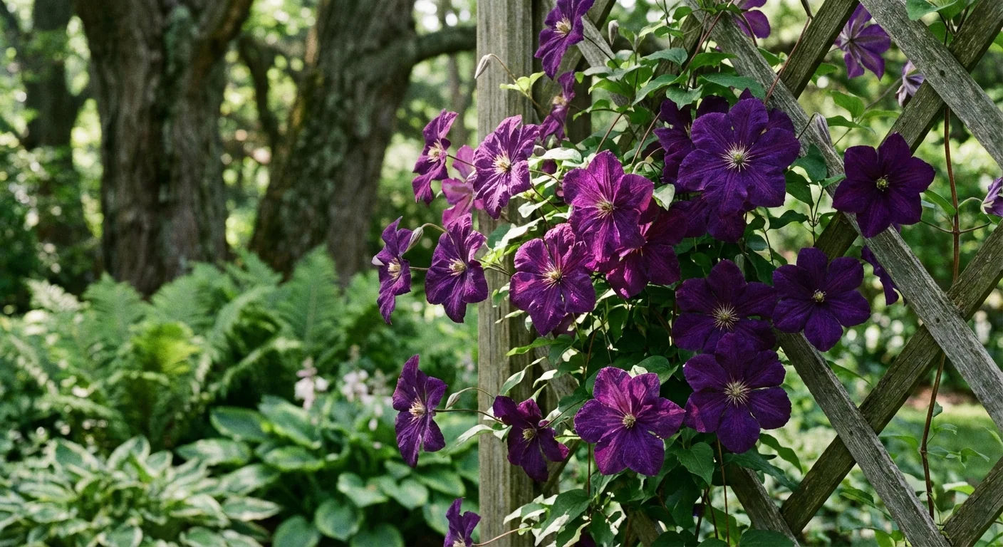 A purple clematis vine climbing a trellis in a partially shaded garden.