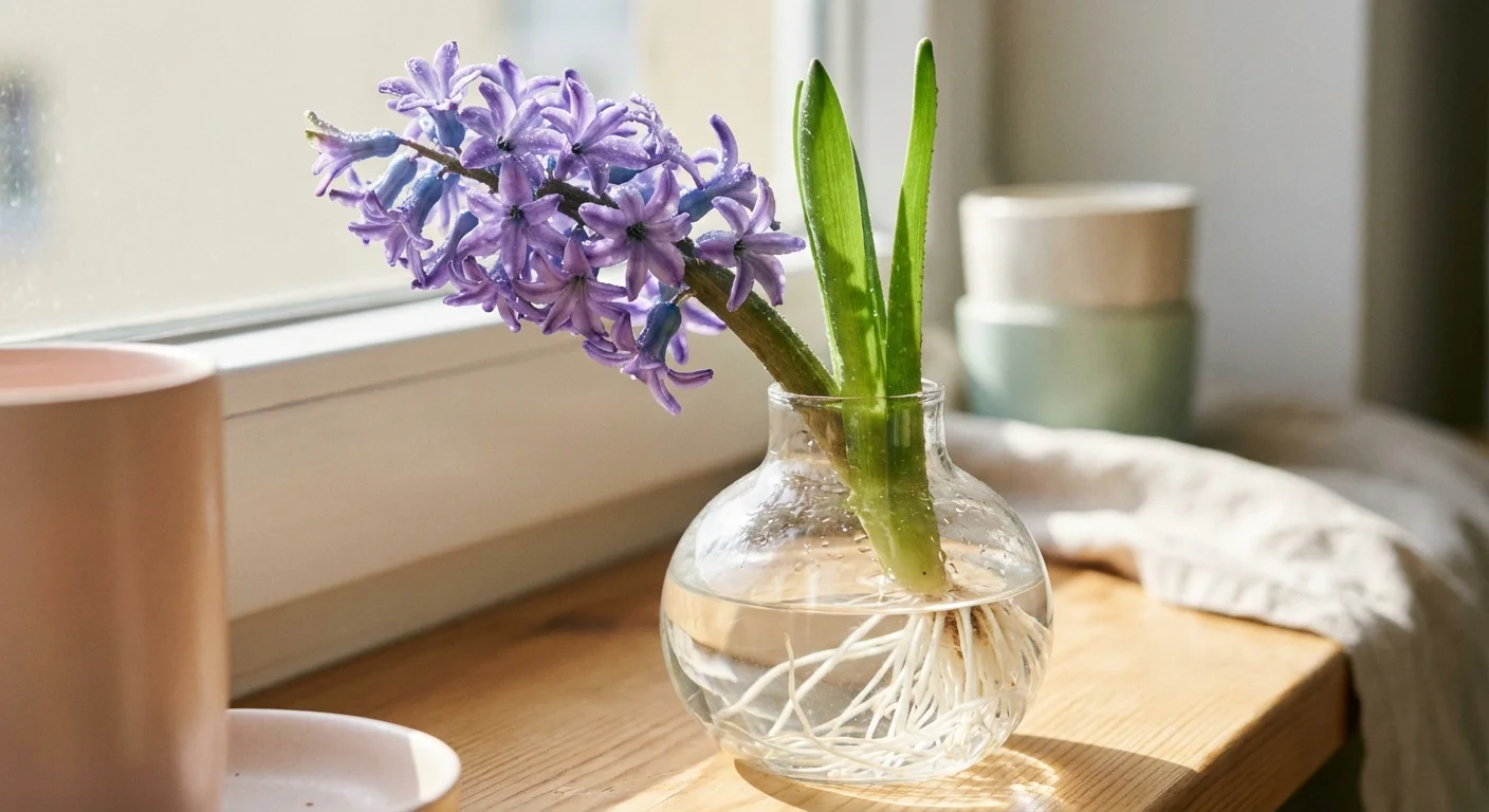 A purple hyacinth flower blooming in a clear glass vase under bright sunlight.
