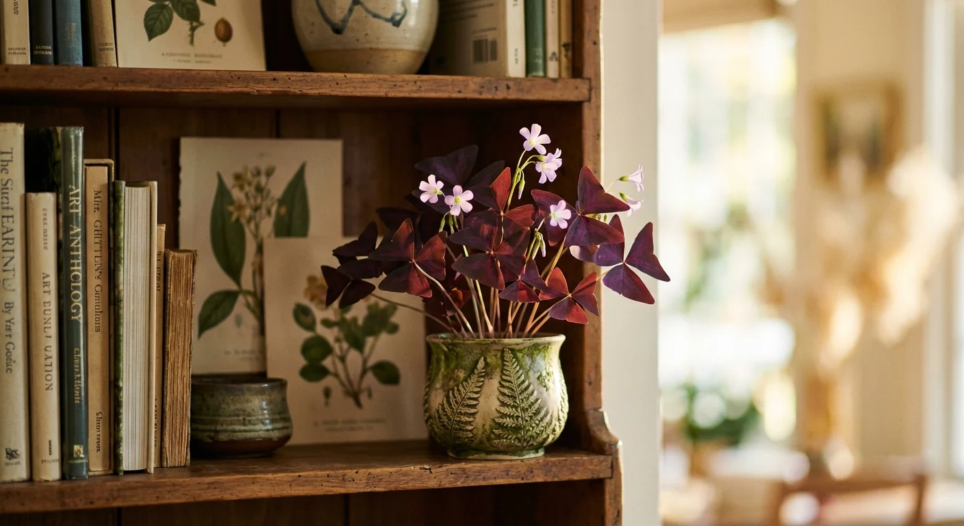 A Purple Shamrock plant with vibrant triangular leaves on a bookshelf.