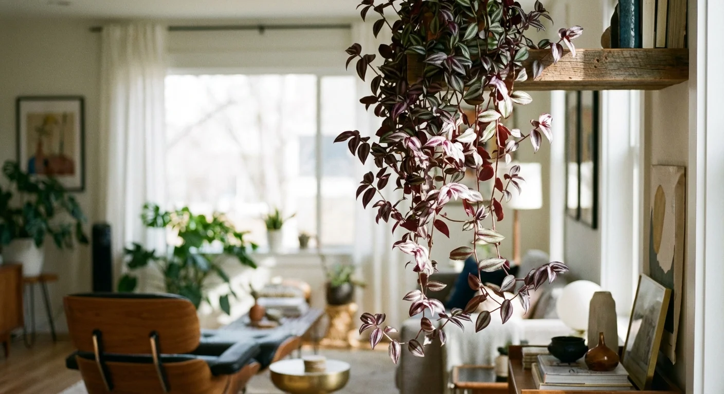 A purple-striped Inch plant trailing down from a shelf in a brightly lit room.