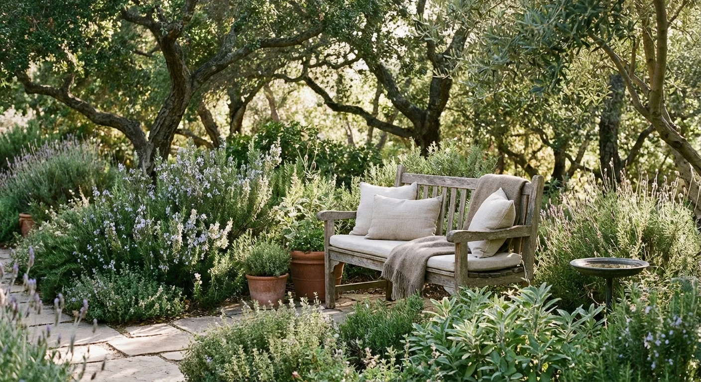 A quiet garden relaxation area with a wooden bench and aromatic herbs in soft, dappled sunlight.