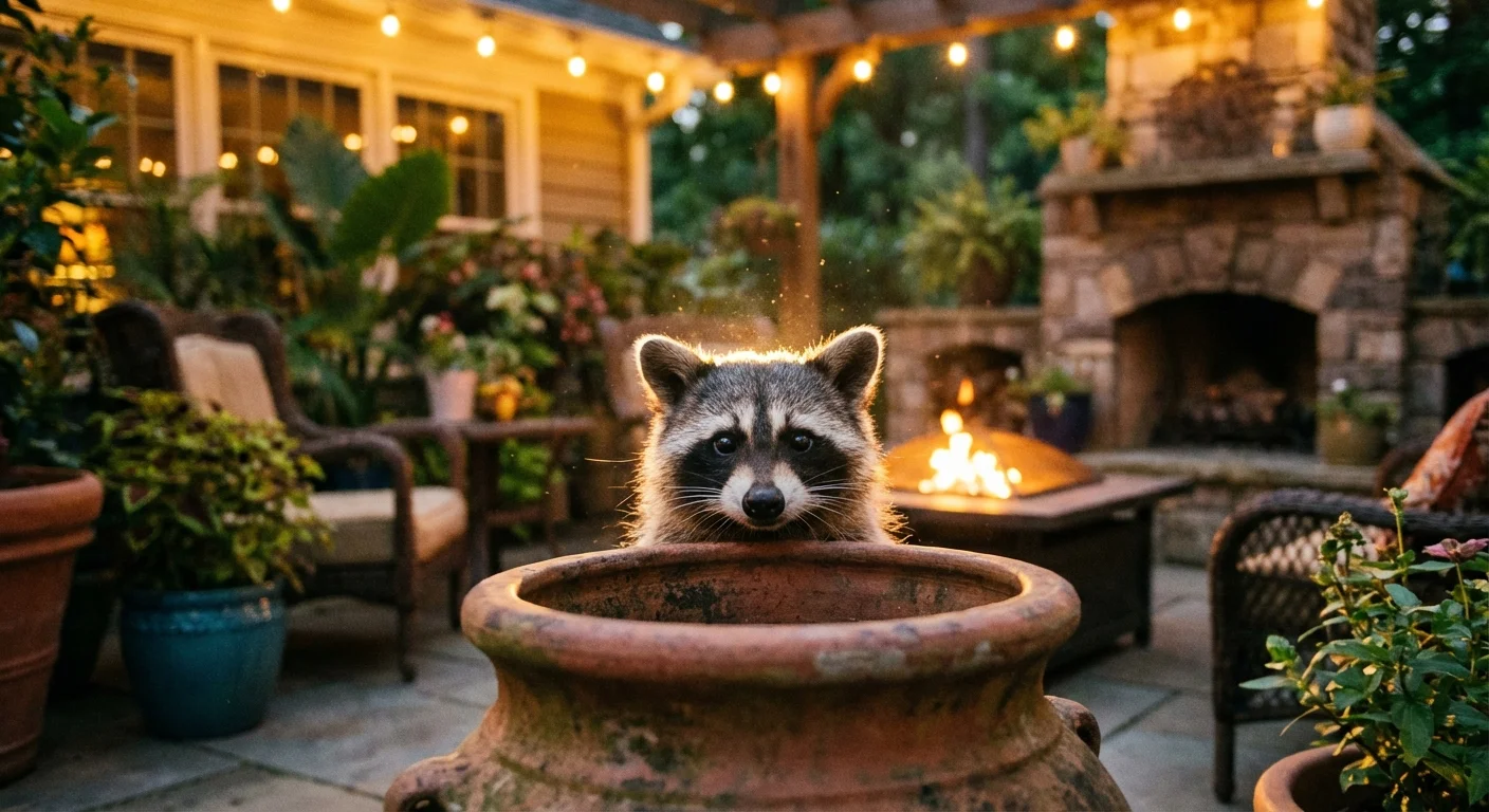 A raccoon looking out from behind a large clay pot on a garden patio.