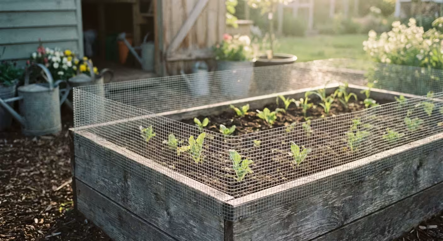 A raised garden bed featuring a protective wire mesh barrier around young plants.