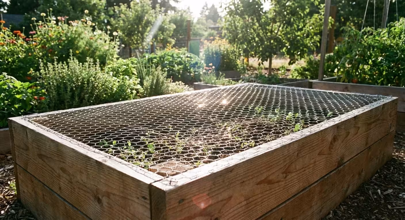 A raised garden bed protected by a layer of chicken wire mesh.
