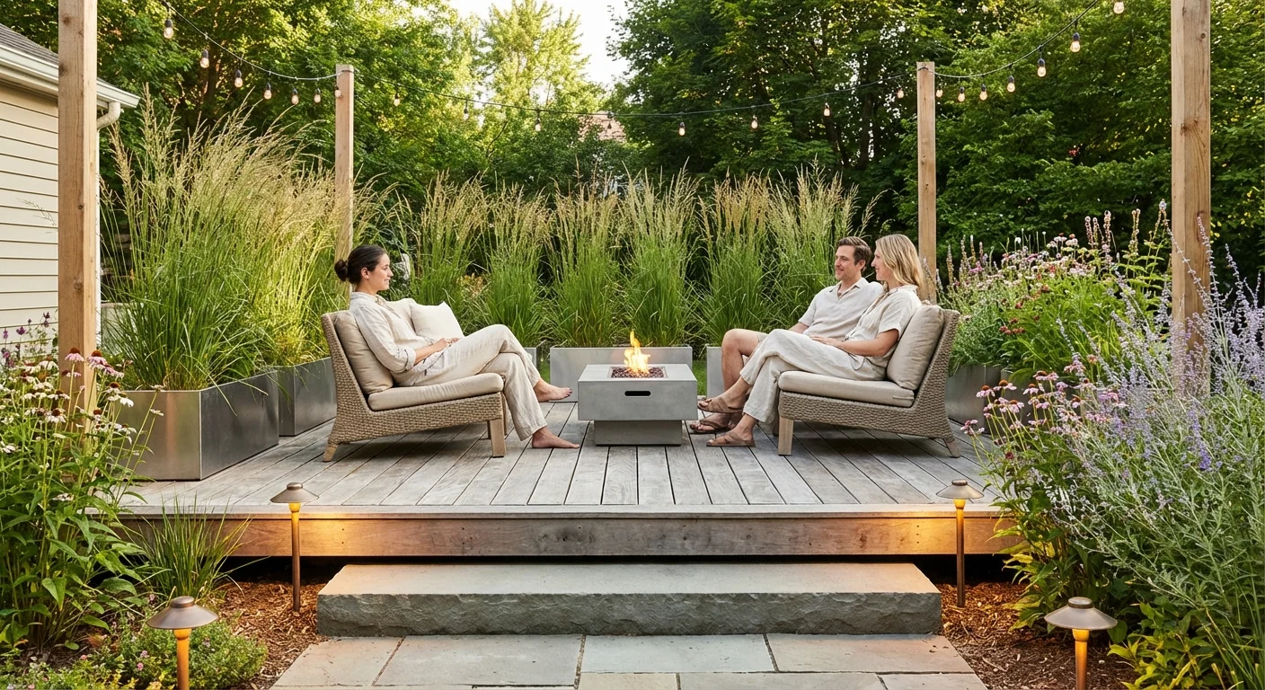 A raised wooden deck in a garden creating a separate elevated seating area.