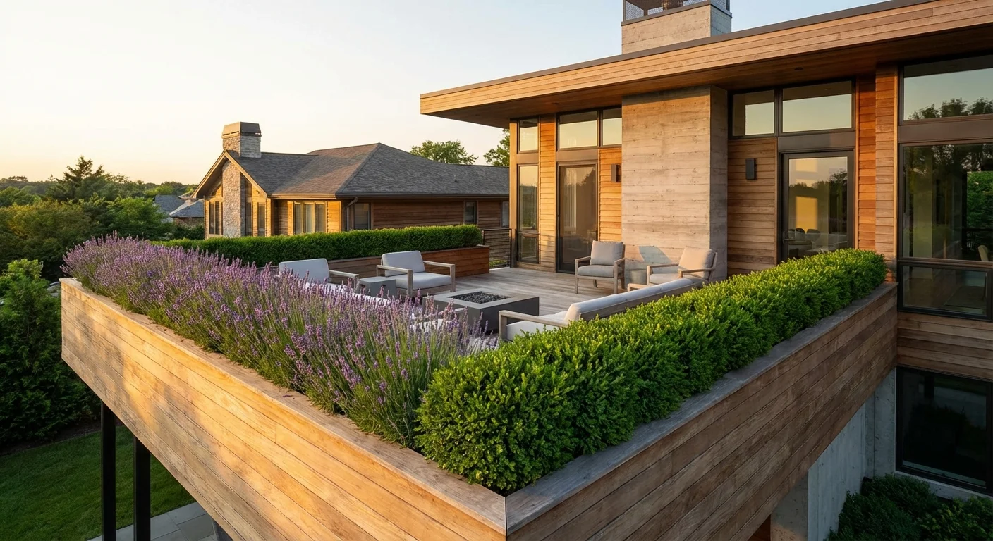 A raised wooden terrace with built-in planters creating a secluded outdoor room.