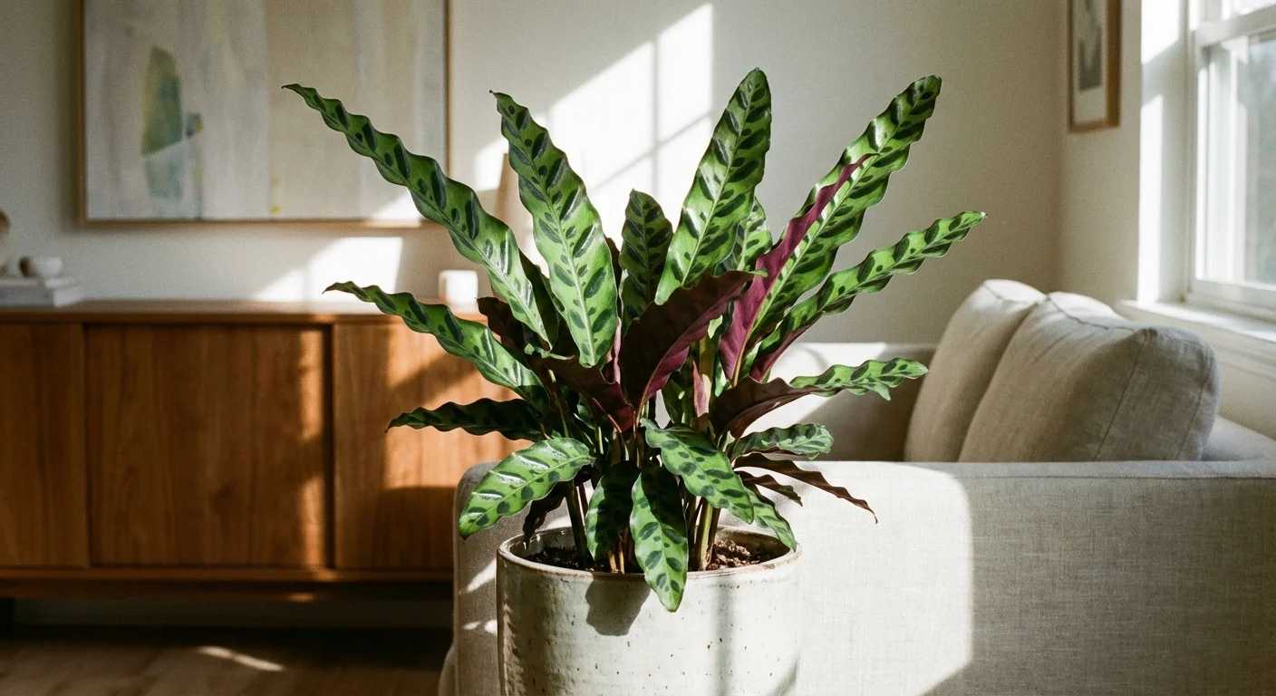 A Rattlesnake plant with patterned leaves in a stylish ceramic pot.