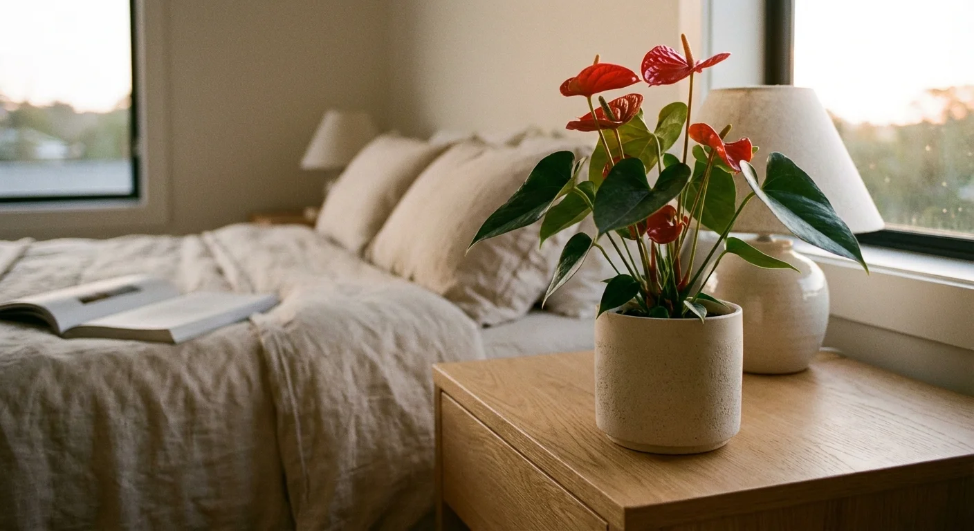 A red Anthurium plant in a white pot sitting on a wooden bedside table in a dim, cozy room.