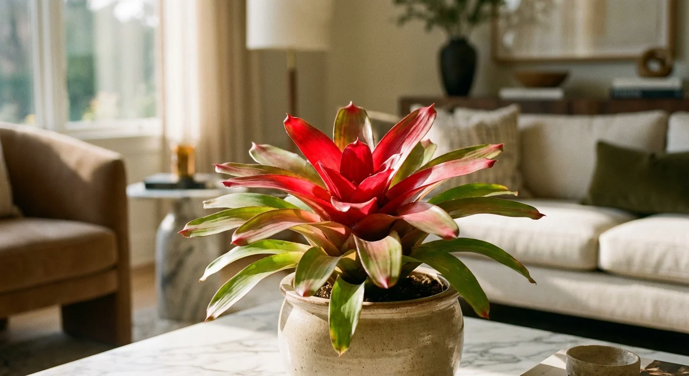 A red Bromeliad plant in a stone pot sitting on a marble coffee table.