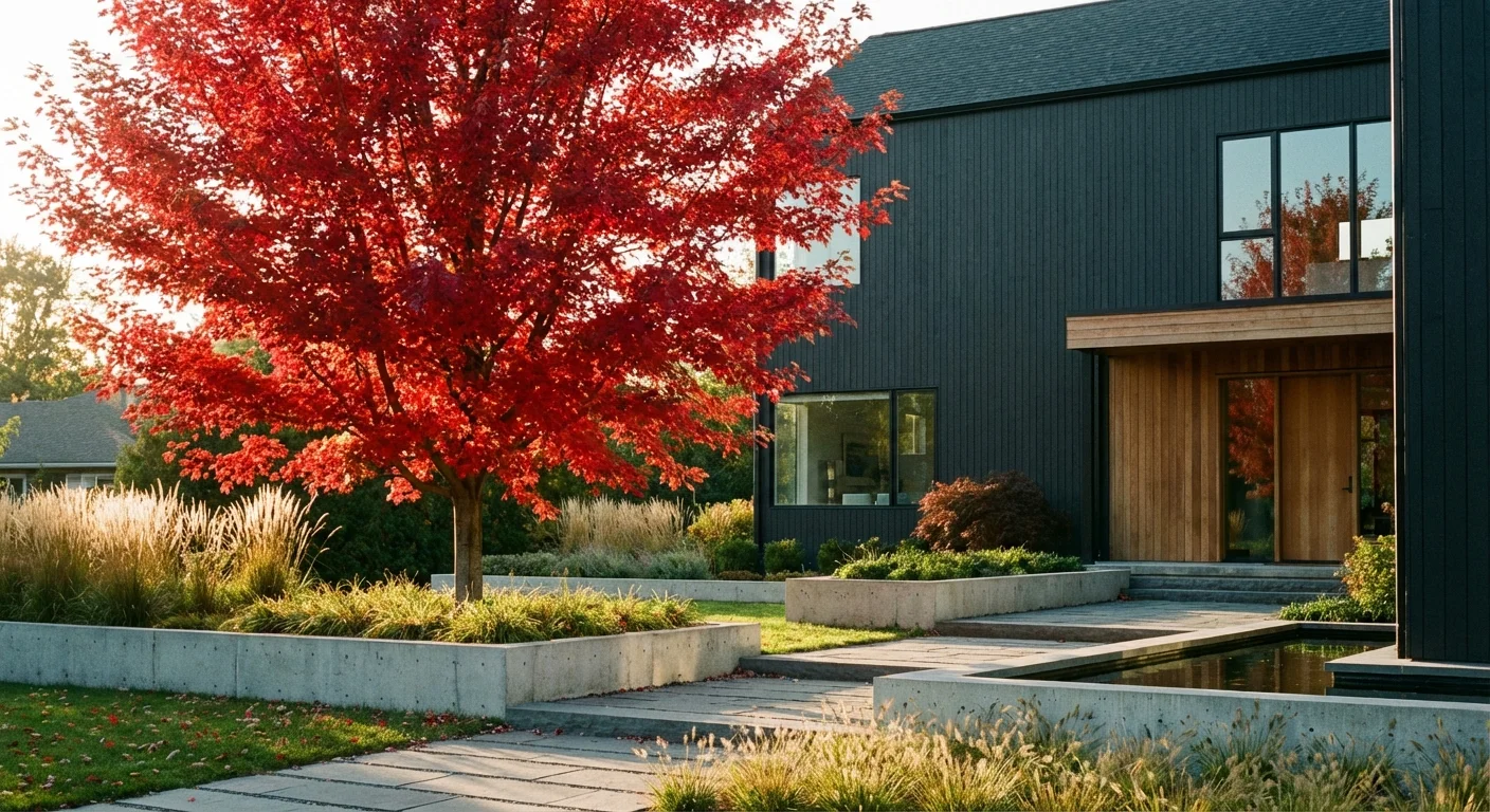 A Red Maple tree with bright crimson leaves in front of a modern home.