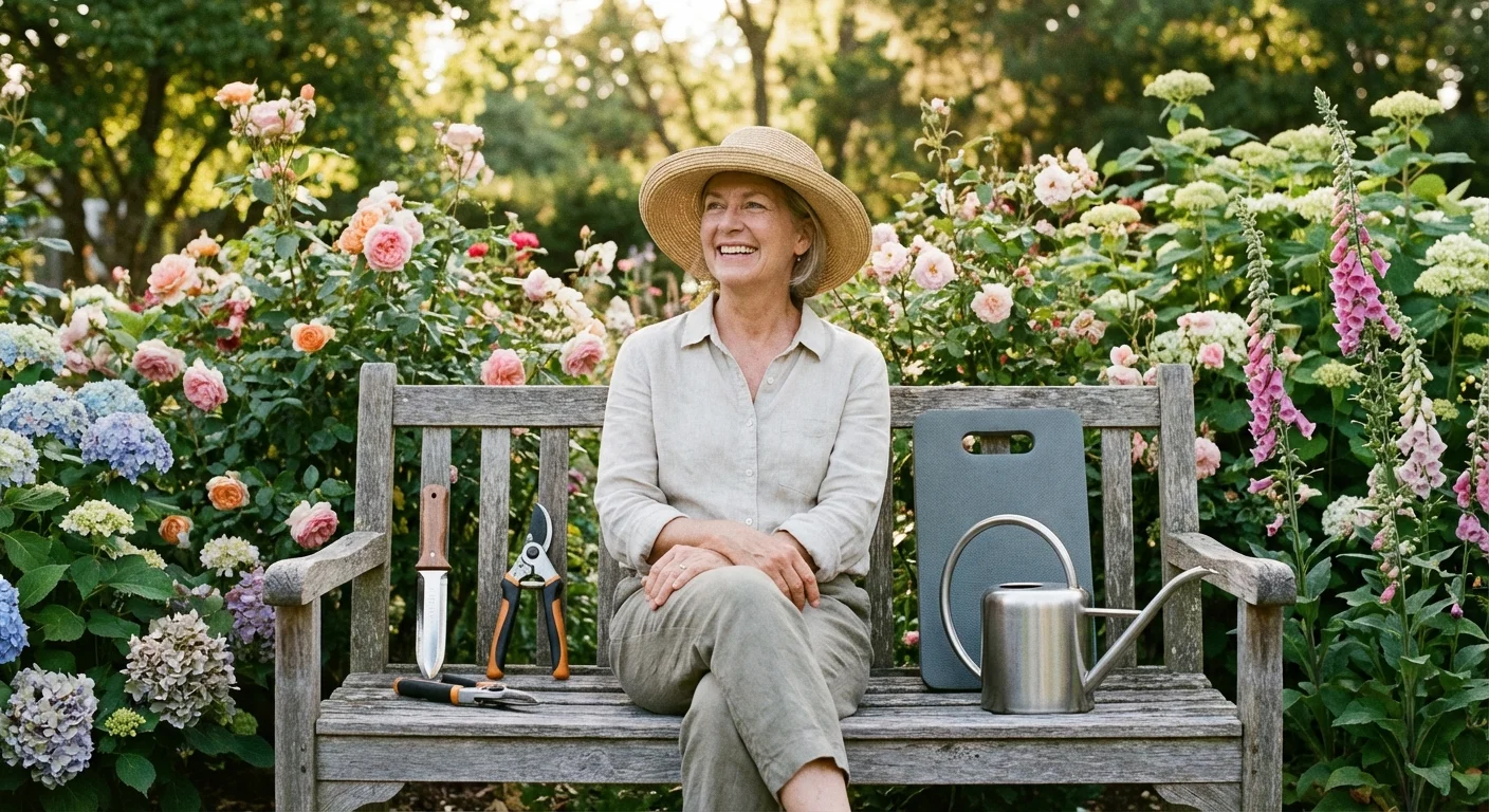 A relaxed gardener sitting on a bench surrounded by flowers and tools.