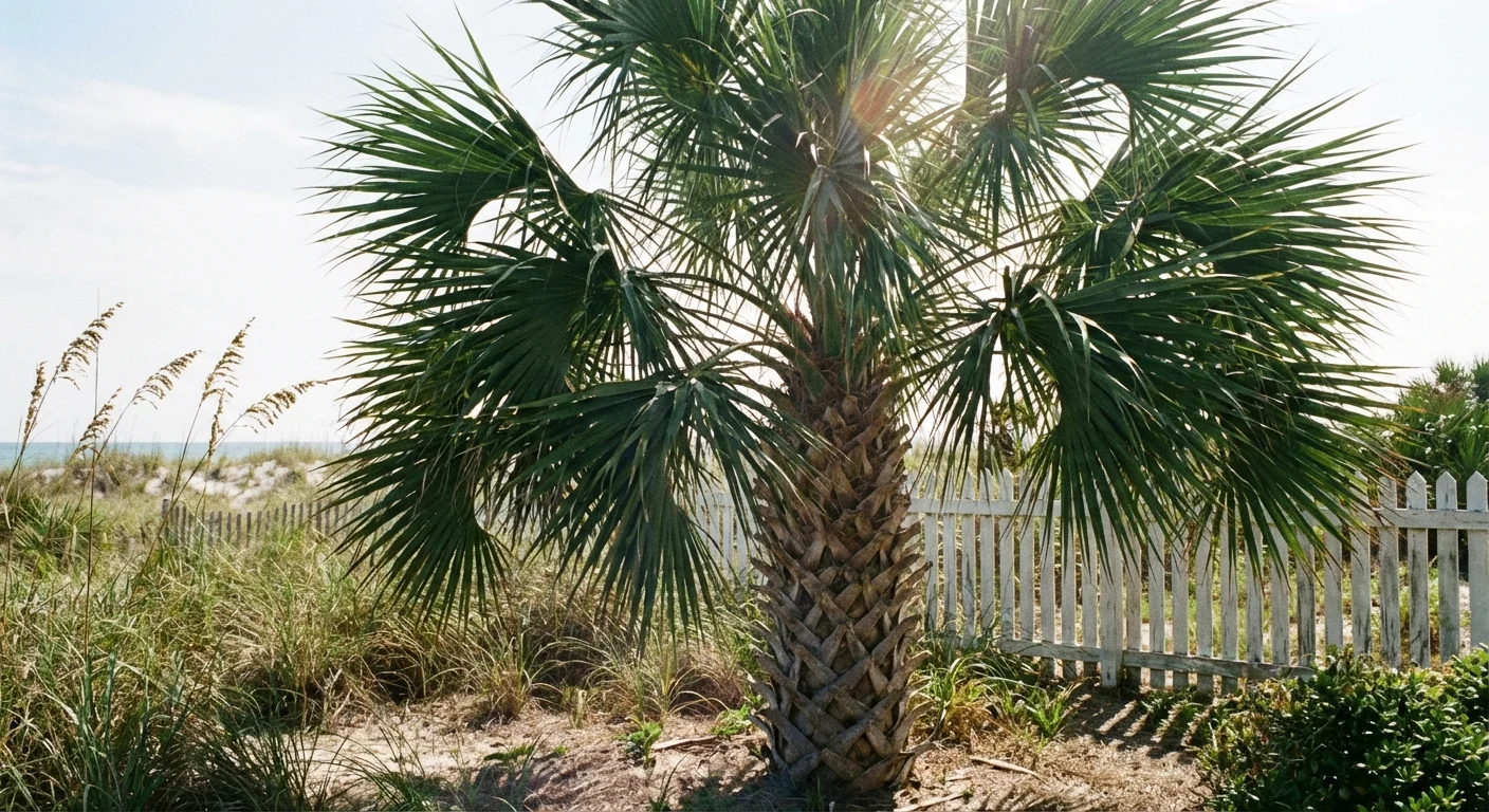 A resilient Cabbage Palm tree standing in a bright, coastal-themed garden.