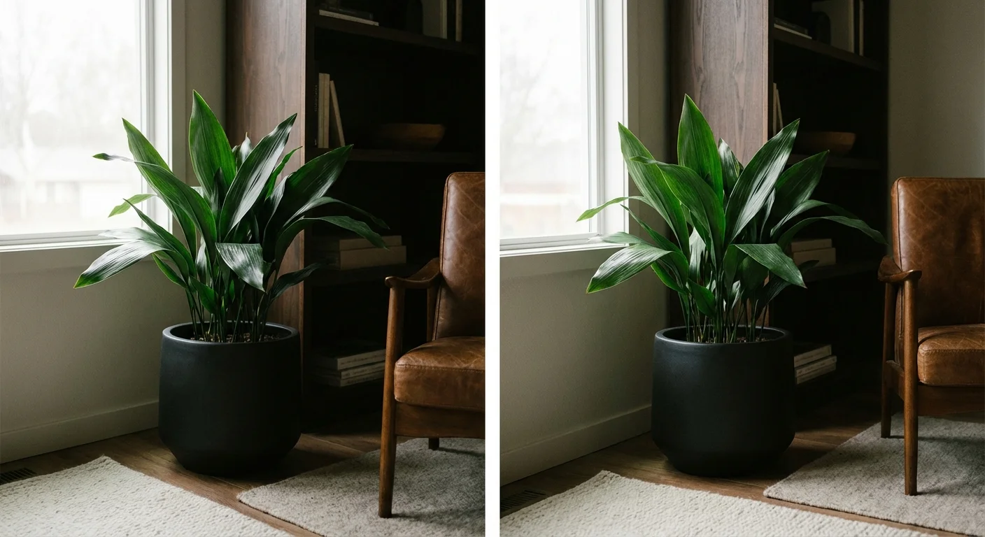 A resilient Cast Iron Plant with dark green leaves in a minimalist black pot in a home office.