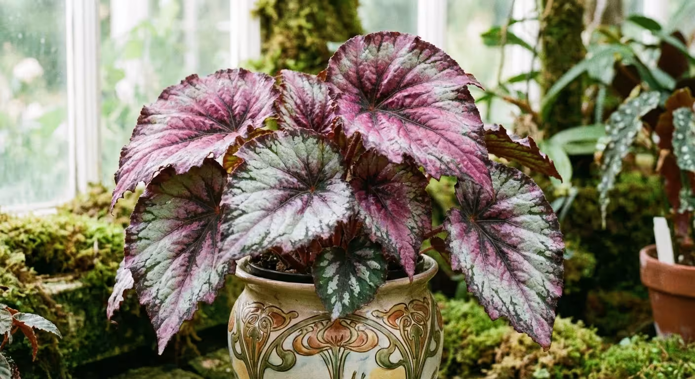 A Rex Begonia with intricate, colorful metallic-toned leaves.