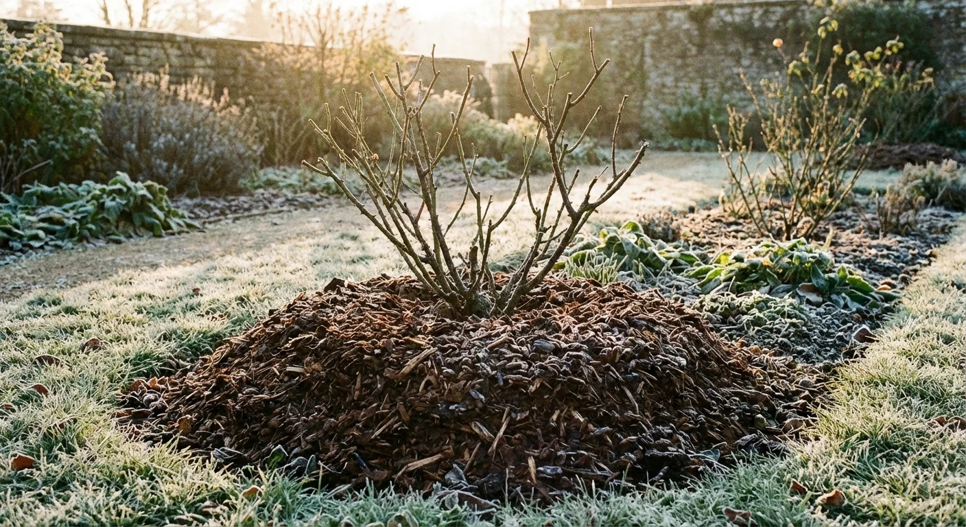A rose bush base protected by a mound of mulch.