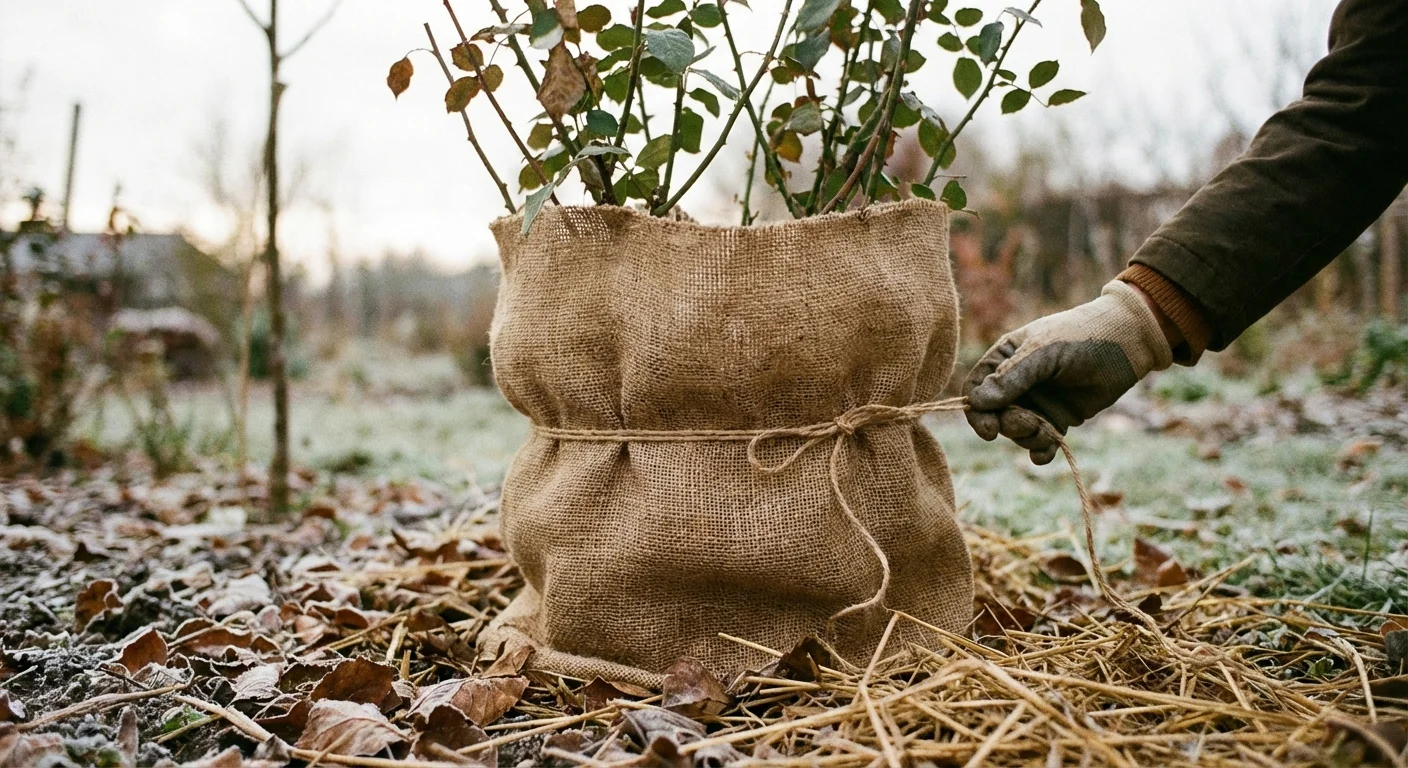 A rose bush wrapped in burlap for winter protection.