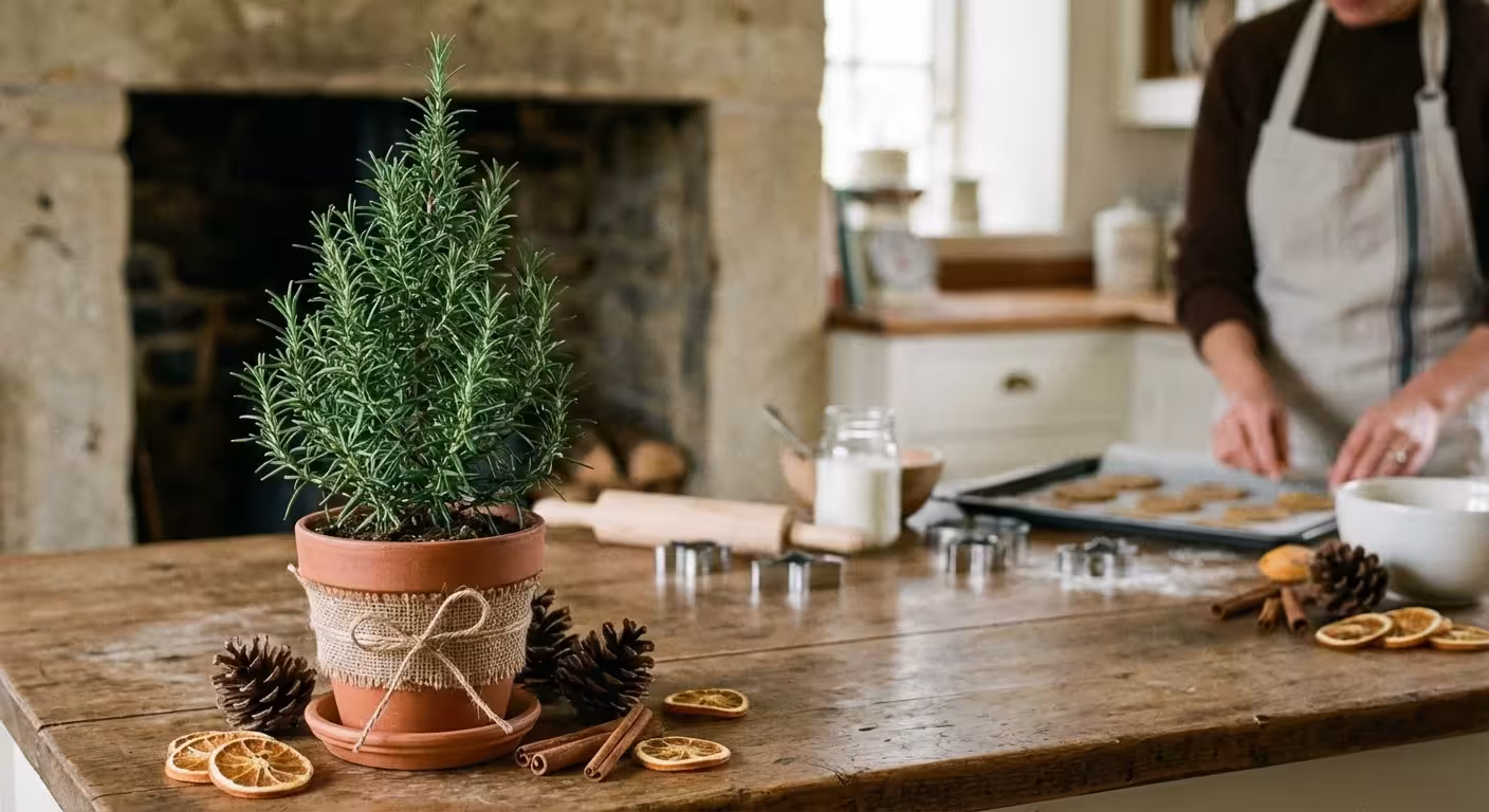 A rosemary plant pruned into a mini Christmas tree shape on a kitchen counter.