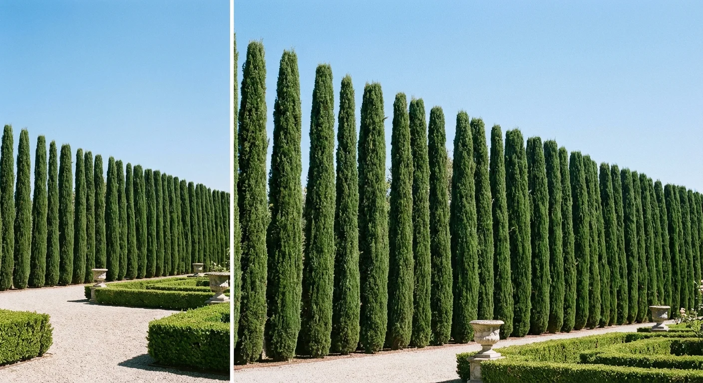 A row of tall Italian Cypress trees forming a natural, vertical privacy wall.