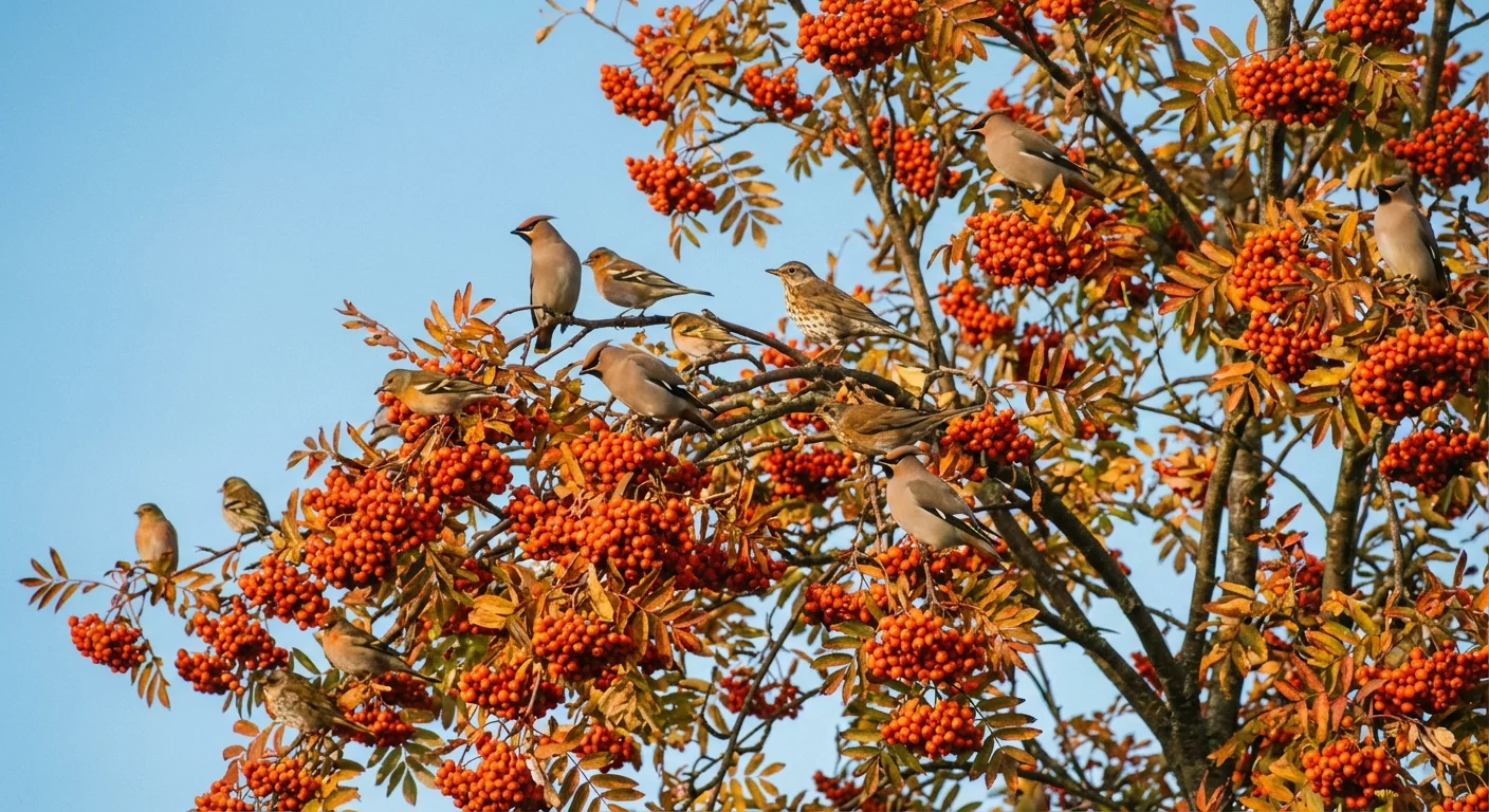 A Rowan tree with clusters of orange berries and birds in its branches.