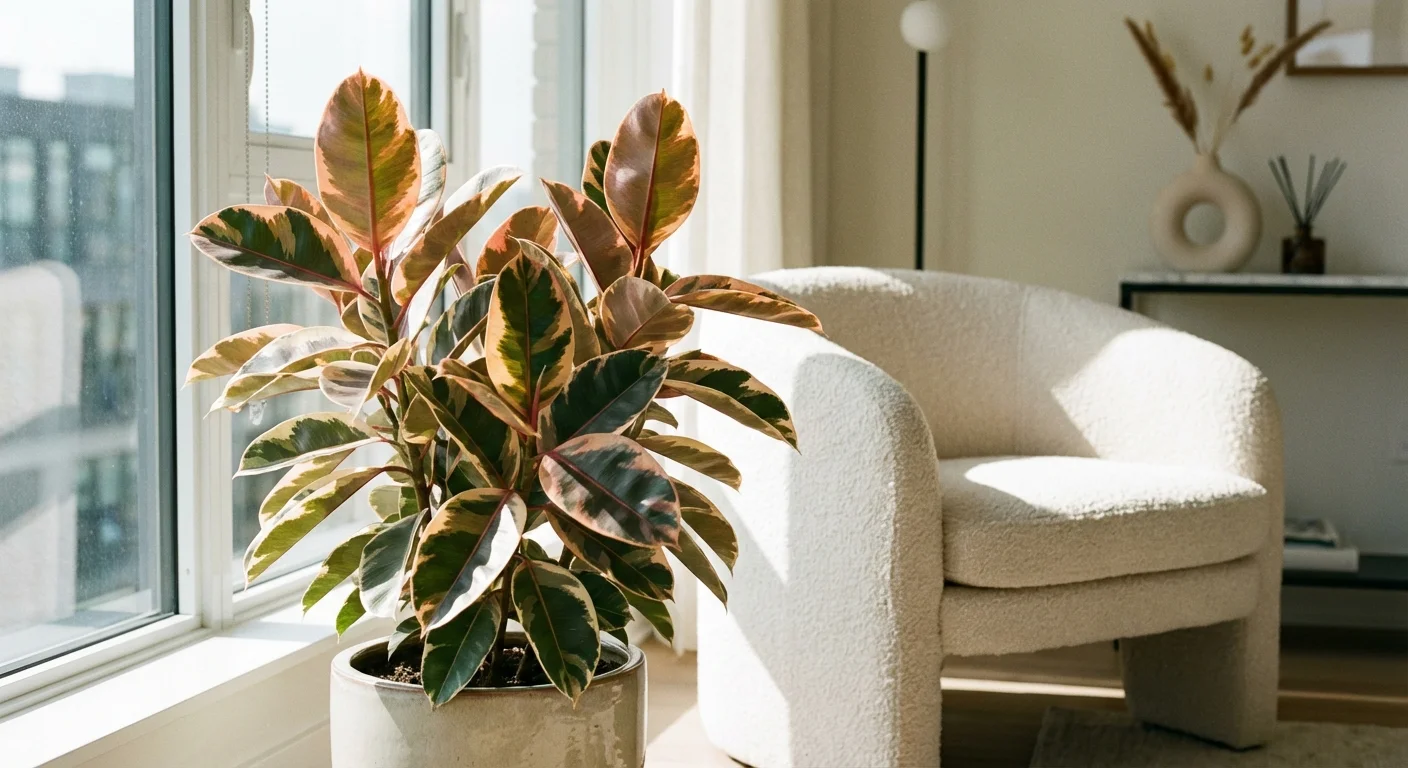 A Ruby Rubber Tree with vibrant pink and green variegated leaves in a sunlit modern room.