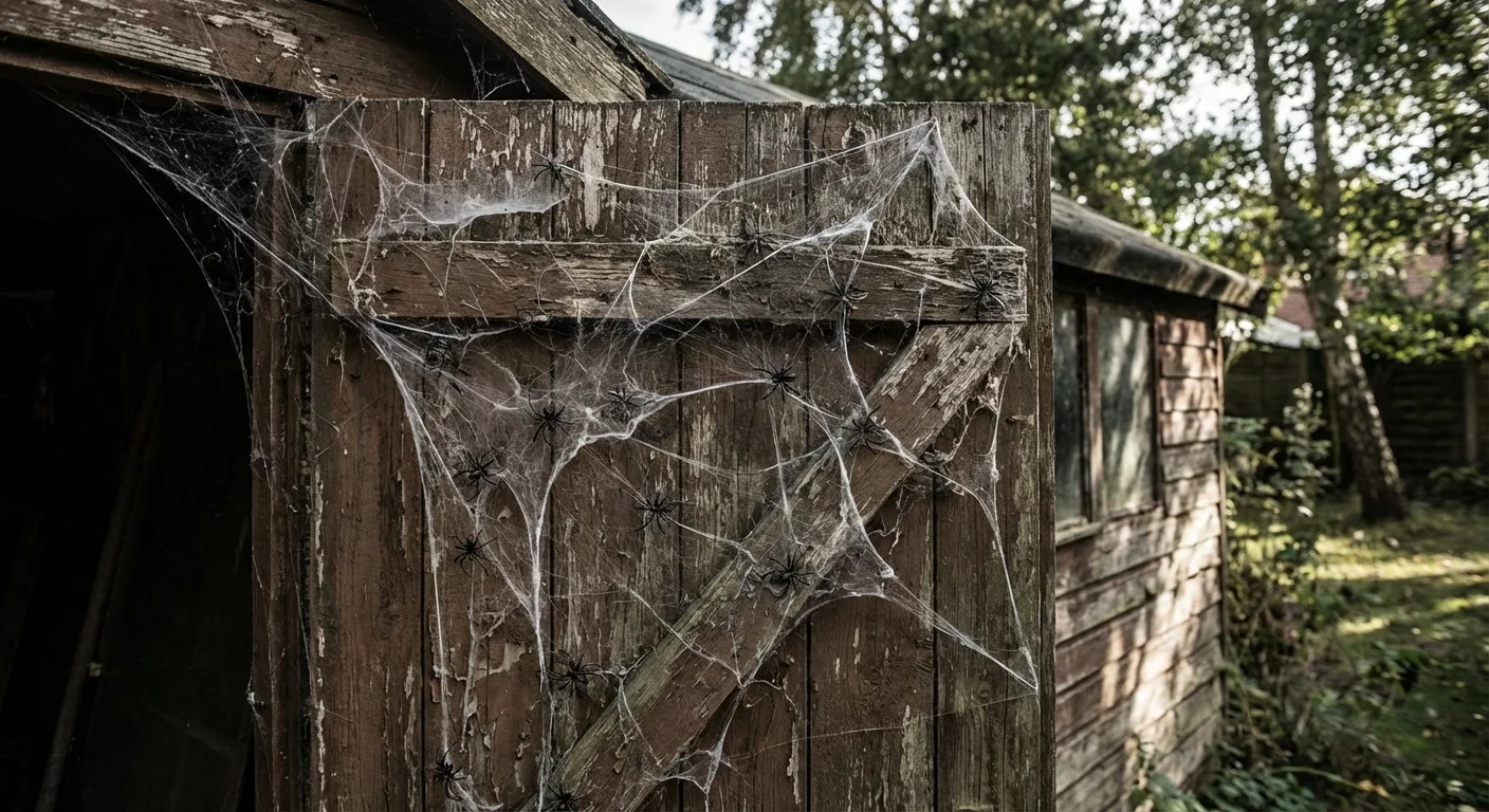 A rustic garden shed door covered in thick white spider webs.
