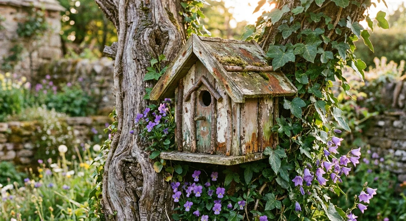 A rustic wooden birdhouse mounted on a tree surrounded by ivy.