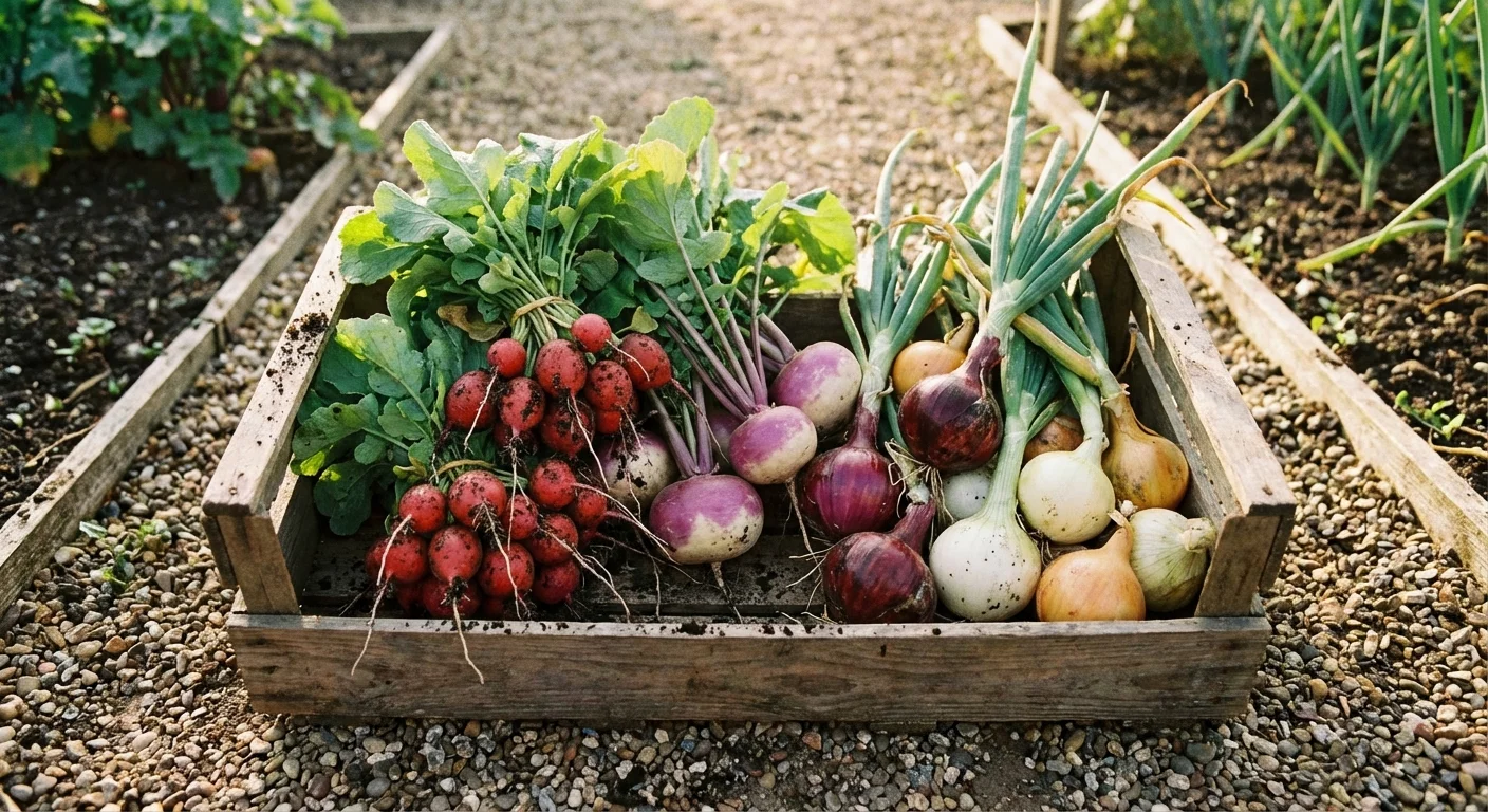 A rustic wooden crate overflowing with freshly harvested onions, radishes, and turnips in a garden.