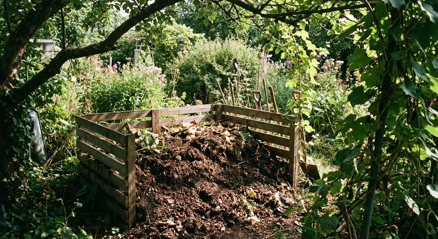 A rustic wooden slat compost bin in a lush garden corner.