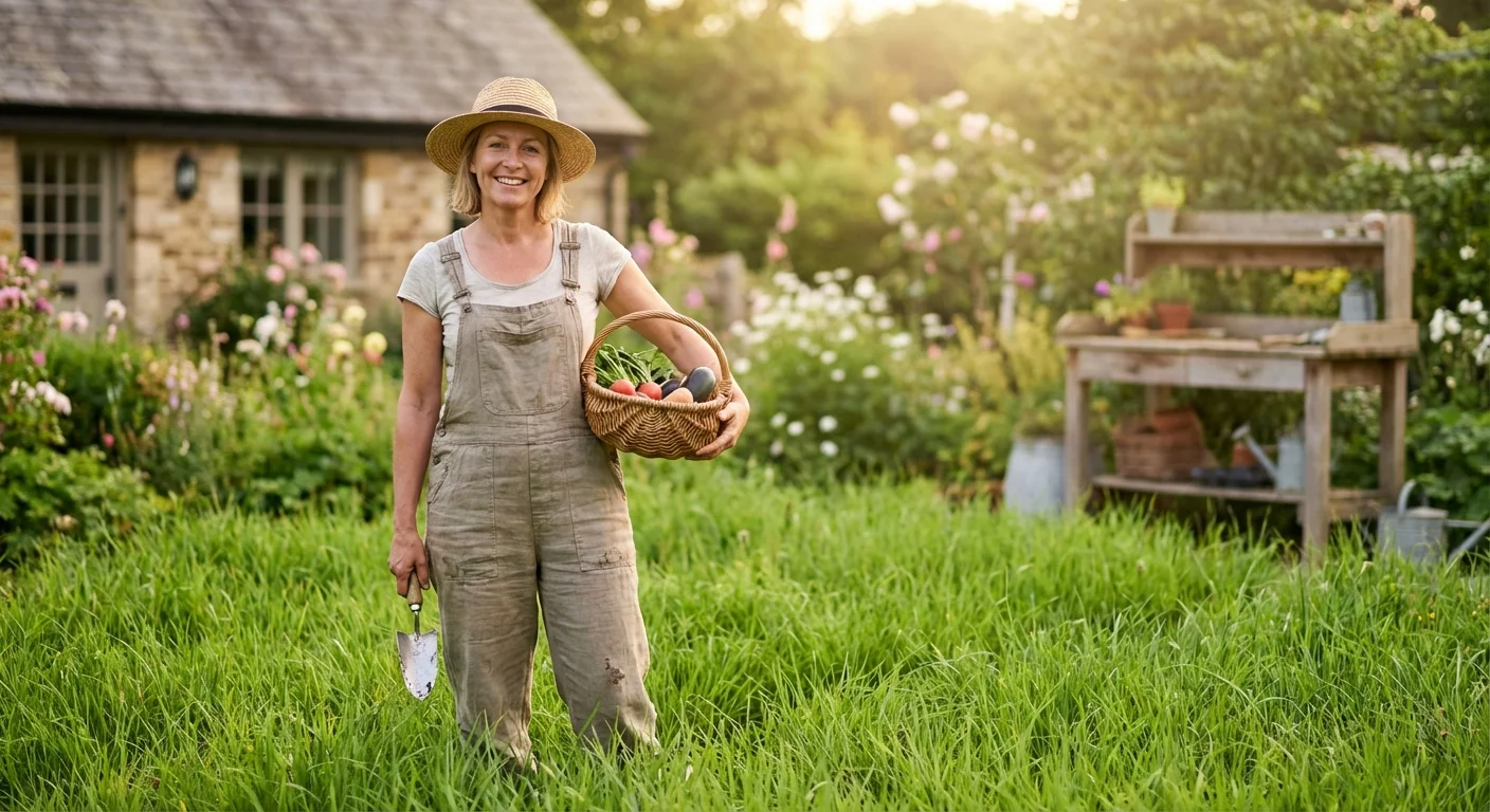 A satisfied gardener standing on a vibrant, healthy green lawn in a beautiful backyard setting.