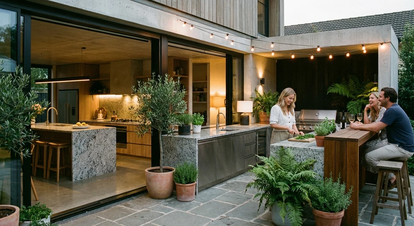 A seamless transition from indoor to outdoor living featuring a stone kitchen patio and garden bar.