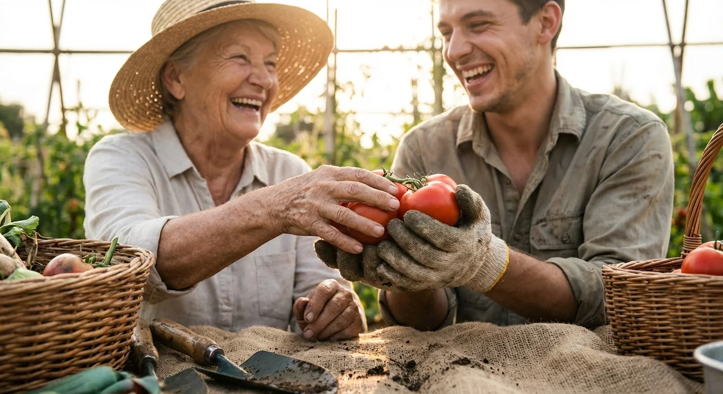 A senior and a young adult sharing a joyful moment while harvesting vegetables in a community garden.