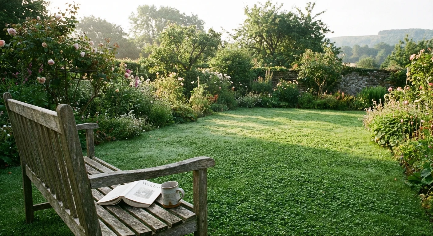 A serene backyard with a clover lawn and a bench, suggesting low maintenance.