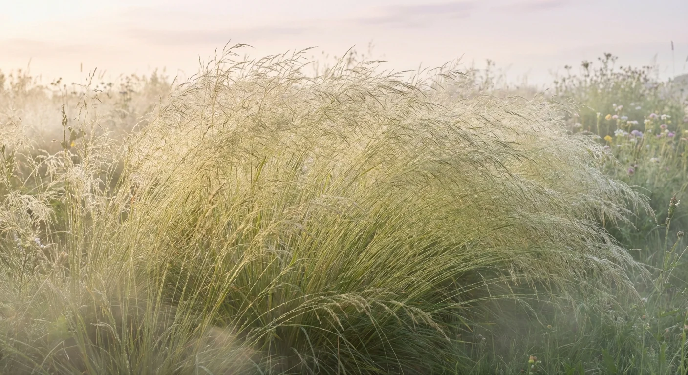 A shimmering cloud of fine Tufted Hair Grass in a morning meadow.