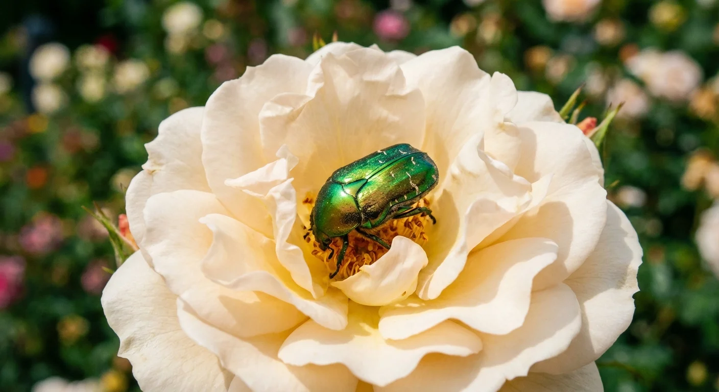 A shiny green rose chafer beetle feeding on the center of a light-colored rose.