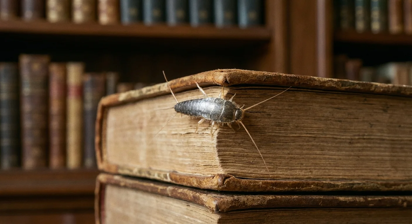 A silverfish insect crawling on the edge of old books in a home library.