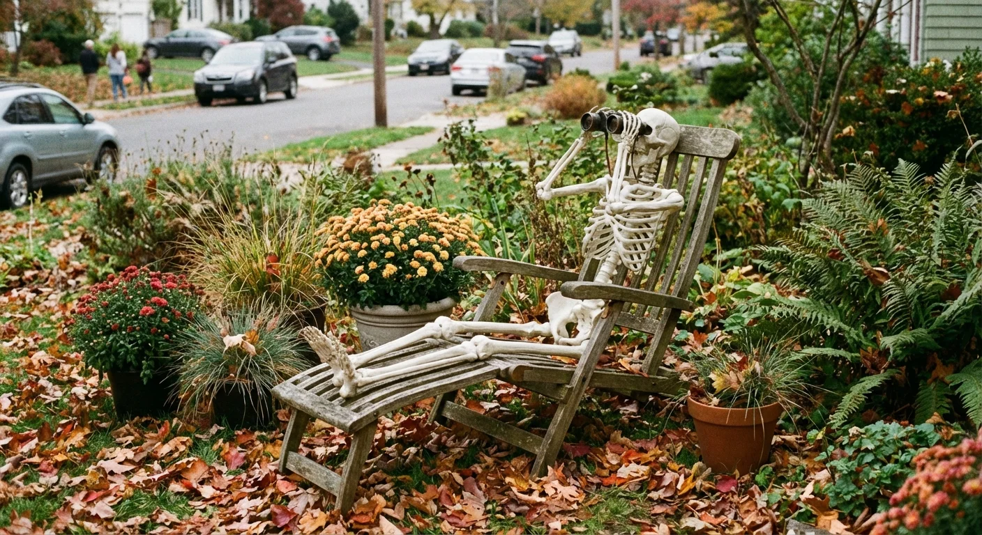 A skeleton prop sitting in a lawn chair holding binoculars.